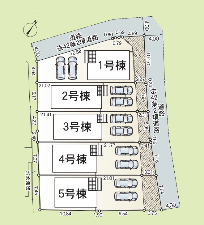 【本日ご案内可能】大府市朝日町5丁目　全5棟の区画図|全体区画数｜全5棟
◆駐車並列２台可能！(但し、車種による)
◎まずは、お気軽にお問い合わせください。現地を案内しながら周辺環境も見て頂けます。　　　　　　　　　　　　　　　　　　　　　　　　　　　　