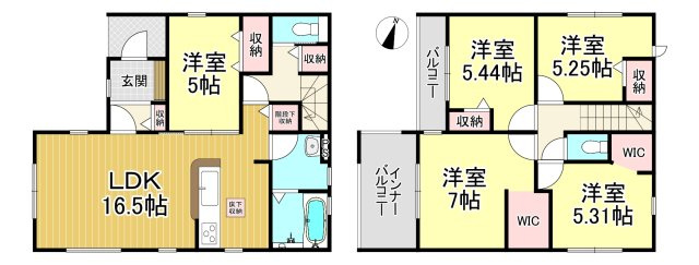 知多郡武豊町大字冨貴字新薄里　全4棟　3号棟の間取り|3号棟　5LDK+WIC+WIC♪