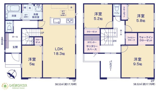 【間取り】 | 龍ケ崎市松ケ丘5期　新築戸建　1号棟 | リビングを通って2階に上がるリビングイン階段で、コミュニケーションがとりやすい☆
（1号棟）