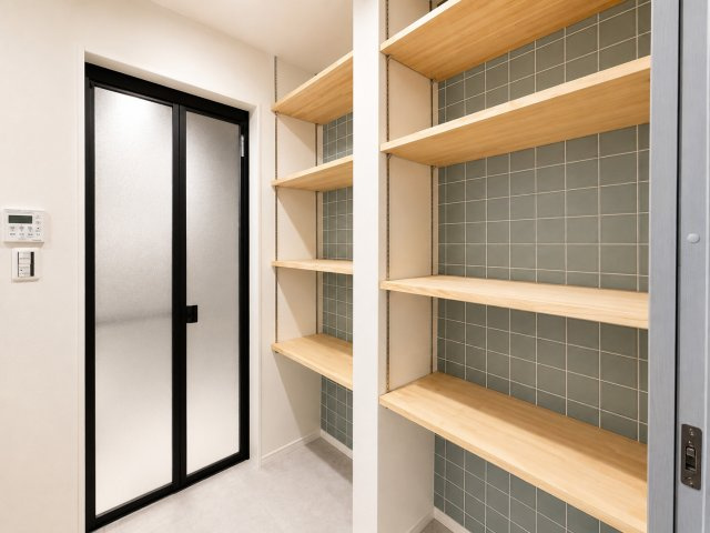 泉南市信達大苗代新築戸建の脱衣所|脱衣スペースに便利な収納付き。家族別で収納を分けれますね