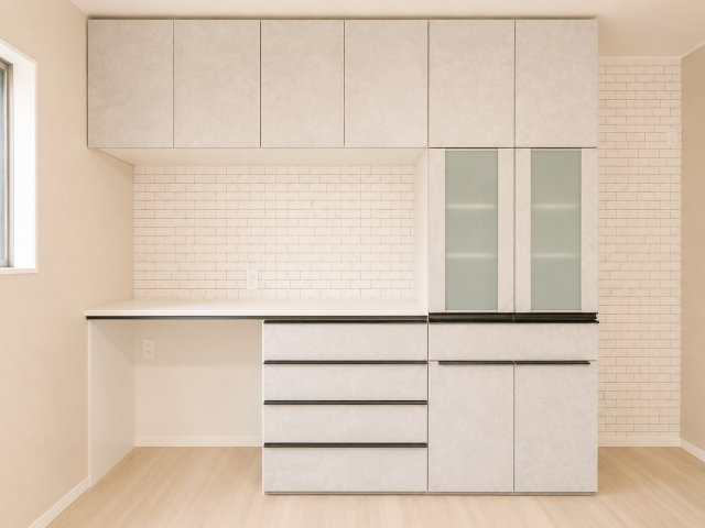 泉南市信達大苗代新築戸建のキッチン|収納力の高いカップボード♪備え付けなので地震の際にも安心ですね