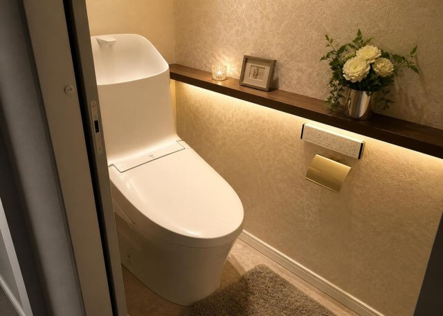 【トイレ】 | 清潔感あふれる温水洗浄便座付きのトイレは、快適な日常生活に欠かせない設備です。新築の住まいでは階ごとに計2ヶ所設置されているため、朝の忙しい時間帯も家族でバッティングせずスムーズに使用できます。