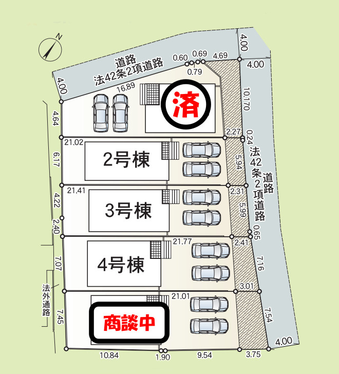 【本日ご案内可能】大府市朝日町5丁目　全5棟の区画図|全体区画数｜全5棟
◆駐車並列２台可能！(但し、車種による)
◎まずは、お気軽にお問い合わせください。現地を案内しながら周辺環境も見て頂けます。　　　　　　　　　　　　　　　　　　　　　　　　　　　　