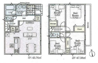 【間取り】 | 中央区田名  7号棟 第146 | 4LDK　防犯カメラ（利用時WiFi接続必要）　引き違い窓シャッター付　人感センサー付玄関灯　二部屋から行き来できるバルコニー　浴室乾燥機+窓　全居室収納　リビング収納　LDK17帖　都市ガス