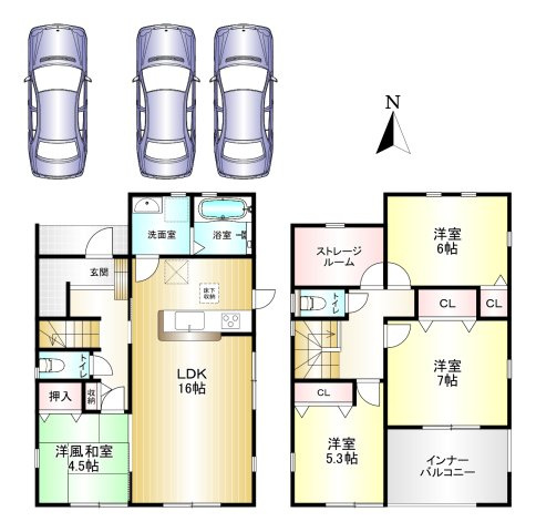 大和郡山市矢田町の間取り|4SLDK　土地面積：175.29ｍ2　建物面積：108.47ｍ2　駐車スペース3台