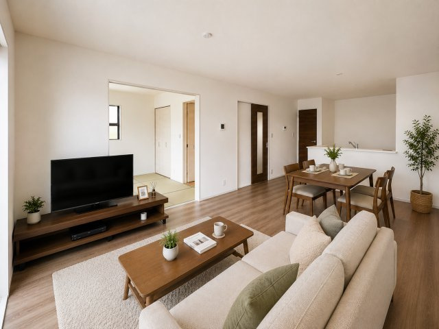 大和郡山市矢田町の居間・リビング|LDK16帖　明るく開放的　（画像の家具はAIによって作成したものです）