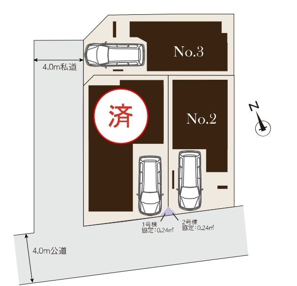朝霞市三原4丁目 全3棟 3号棟の区画図|南側約4ｍ公道×西側約4ｍ道路に面する全3棟