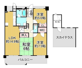 【間取り】 | ワコーレ雲雀丘花屋敷　3階