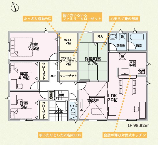 新築　太田市南ヶ丘町第3　1号棟　Cradle Gardenの間取り|4LDK　建物約29坪　部屋数豊富な平屋住宅！リビング広々20帖！