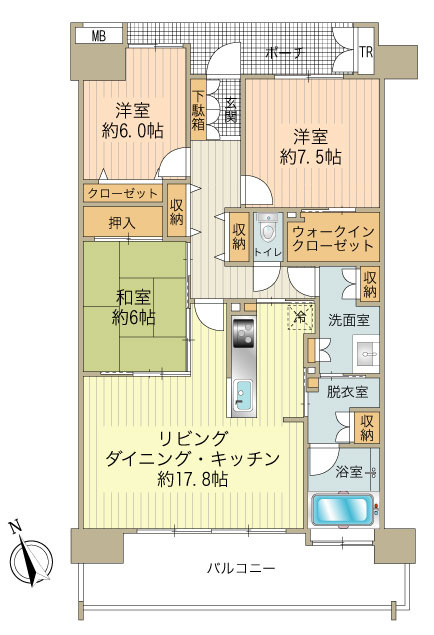 1階ですが、日当りの良いリビング、キッチンと脱衣室は２カ所から入れる動線の良い間取りです