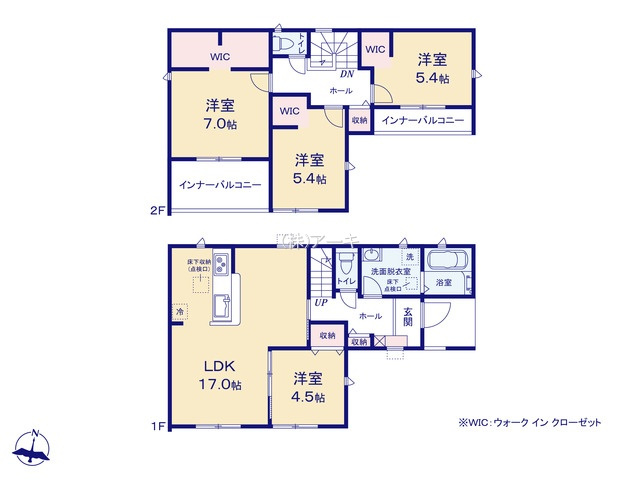 碧南市池下町3-31『仲介手数料無料』新築一戸建て・建売の間取り|　4号棟　1F:LDK17帖に隣接する洋室4.5帖　CL設置！ホール収納♪2F:主寝室7帖・洋室5.4帖・洋室5.4帖　WIC設置♪ホール収納♪2南面バルコニー♪全室南向き♪