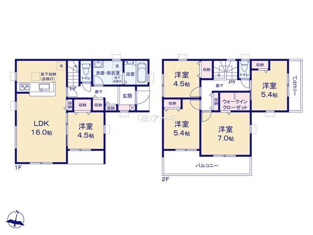 碧南市池下町3-31『仲介手数料無料』新築一戸建て・建売の間取り|　5号棟　1F:LDK16帖に隣接する洋室4.5帖　CL設置！ダイニング・ホール収納♪2F:主寝室7帖　WIC設置！洋室5.4帖・洋室5.4帖・洋室4.5帖　CL設置♪ホール収納♪南面ワイドバルコニー