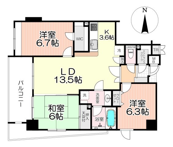 リーベックス所沢パレージュの間取り|8階建て5階部分、南西角部屋、3LDKの間取りです。
