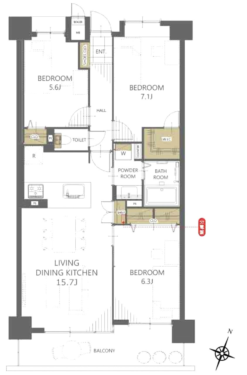 セラード川越の間取り|3LDK 専有面積72.57m2 バルコニー面積9.00m2