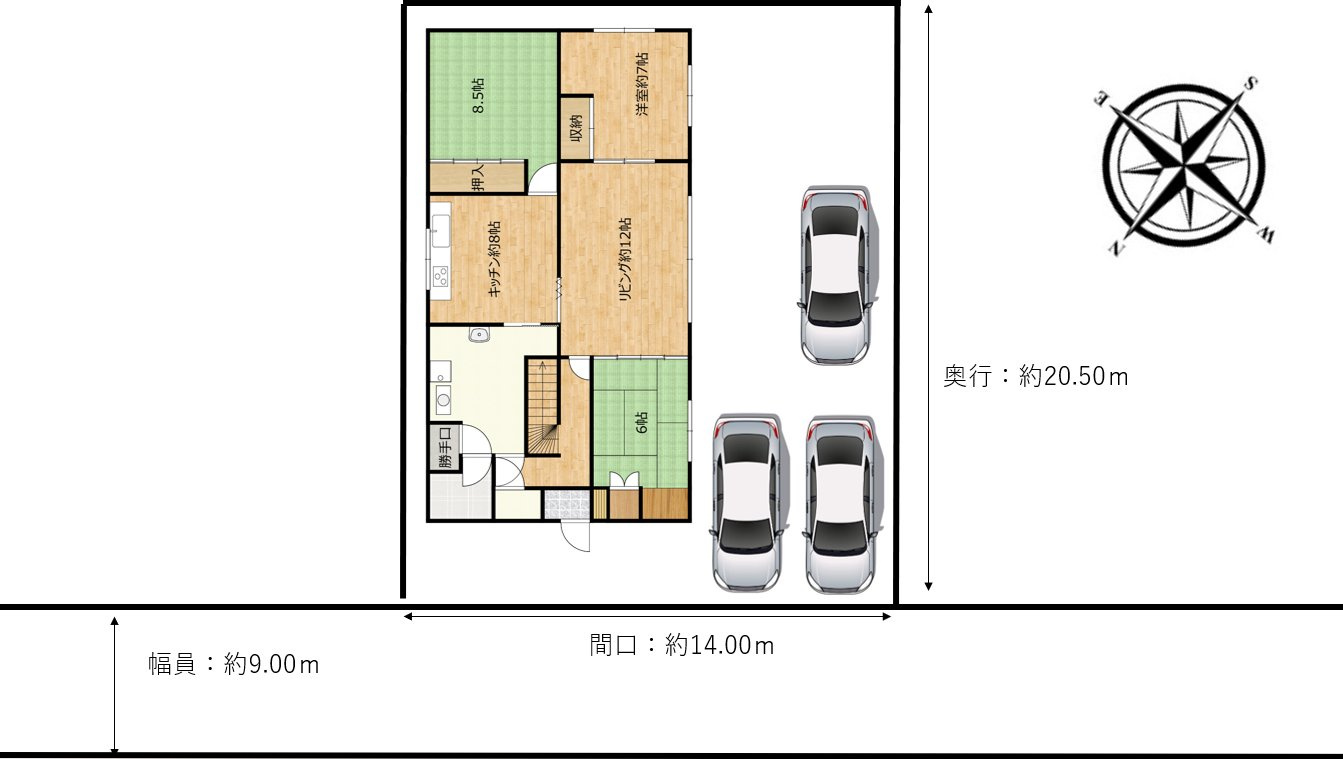 網走市潮見９丁目７番１５号　中古売家の区画図|【区画図】北西側幅員9ｍの網走市市道に14.00m接道しています。