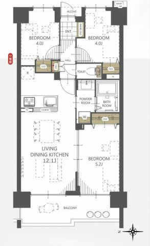 川越パーク・ホームズの間取り|3LDK 専有面積55.15m2 バルコニー面積9.77m2