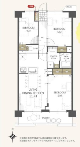 コスモパーク川口の間取り|3LDK 専有面積59.40m2 バルコニー面積7.56m2
南向きバルコニーに面した明るいリビングや、プライベート時間を快適に過ごせる洋室など、暮らしやすさを考慮した空間レイアウトが魅力です。