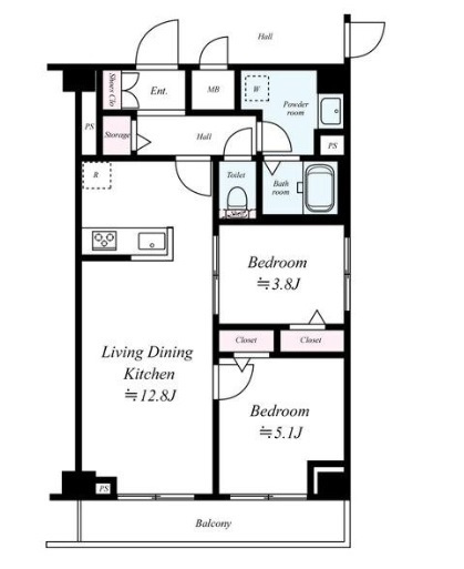 CRESTTAPP羽田の間取り|東向きバルコニー北東角部屋の2LDK