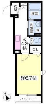 27.58平米　設備充実！洋室6.7帖１K！