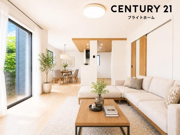 横浜市戸塚区汲沢町の新築一戸建の居間・リビング|自慢したくなるリビング！
形も良く家具の配置にも困りません。
※家具等はＣＧでの参考レイアウトです。