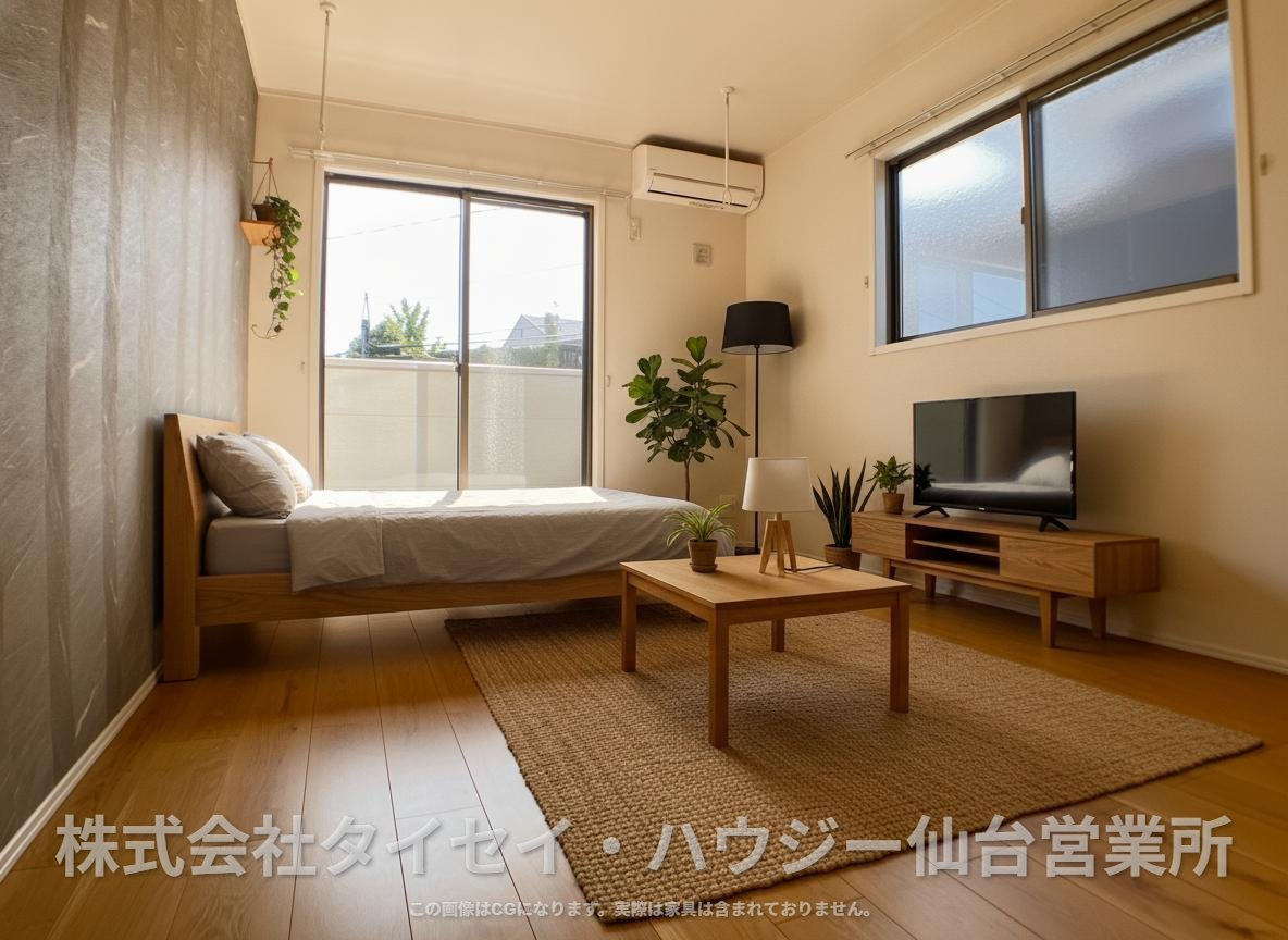 アルエル旭ヶ丘Ｂ棟の居間・リビング|AIのCG作成イメージであり、実際に現地に家具は置かれていません。