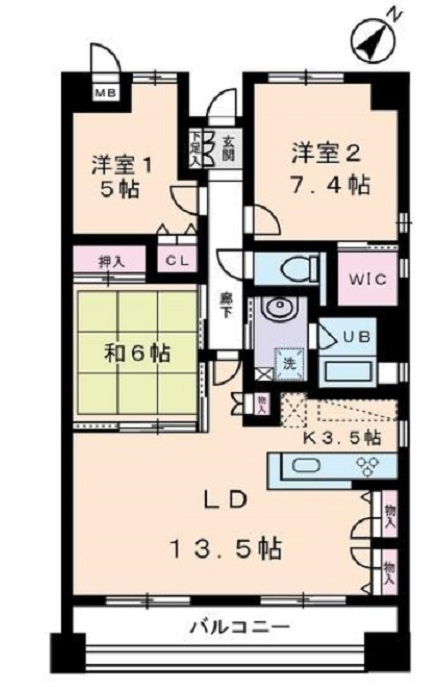 グランデュール千鳥の間取り|南向き角部屋3LDK