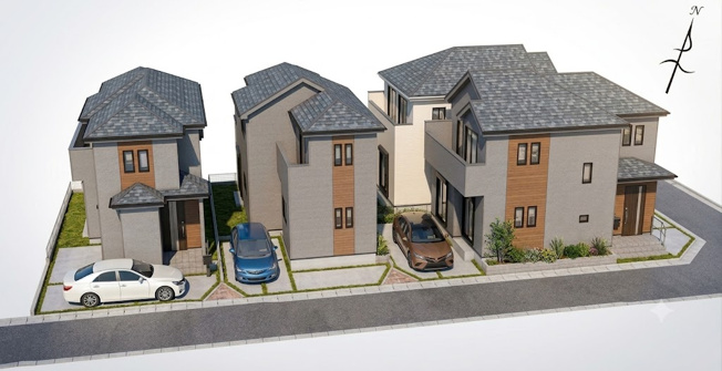 【外観パース】 | 富士見市水谷東1丁目　新築一戸建住宅　全4棟　(ふじみ野店) | 統一感のある美しい街並みで、新しい暮らしをイメージいただけます。
「さくら記念病院前」停徒歩4分。生活利便性にも恵まれたロケーションです。