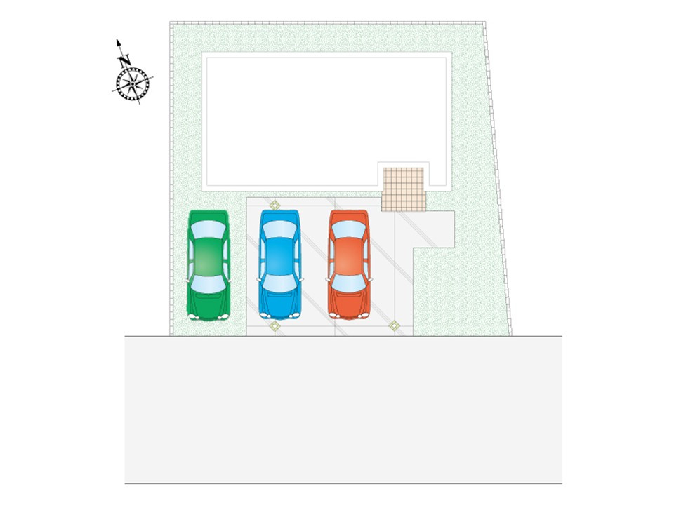 【２号棟　配置図】並列３台駐車可能！後付けの倉庫や、雨風から自転車・バイクを守るサイクルハウスを置いても余裕のある広さです。