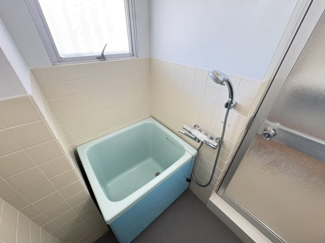 【浴室】 | 建物構造上、どうしてもコンパクトになってしまいますが、温度調整機能付きのシャワー等設備は充実しております。床面にはシートが貼られているので、タイル床に比べて滑りにくく安心です。