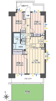 【間取り】 | 東急ドエル・アルス戸田 | 3LDK＋専用庭付きの間取り。
南向きで陽当たりの良い心地よい住空間が広がります。
1階ならではの専用庭では、ガーデニングや家庭菜園など趣味の時間をお楽しみいただけます。