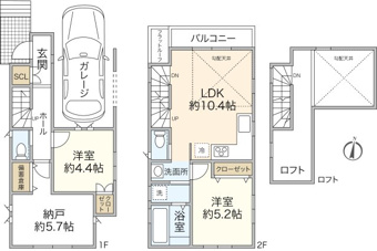 陽光降りそそぐ2階リビング。リビング上部は開放感のある「勾配天井」。収納スペースや趣味のスペース等に利用できる固定階段のロフトもリビング上部に配置しました。収納豊富で使い勝手の良い間取りです。
