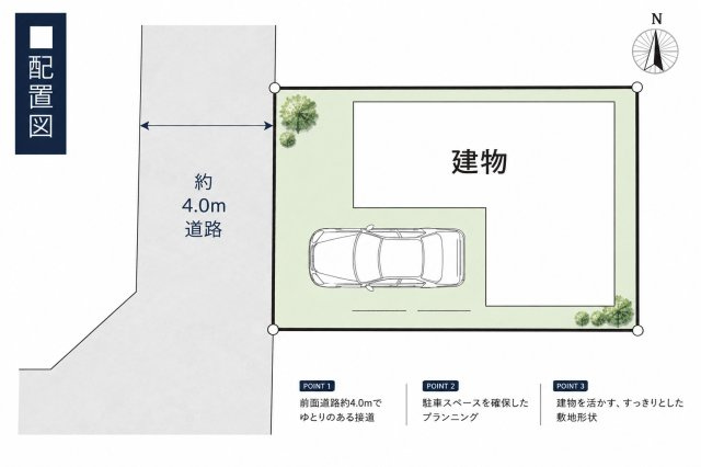 江戸川区中葛西３丁目RC造戸建ての区画図|毎日の車の出し入れもスムーズ。使いやすさを追求した配置計画です。