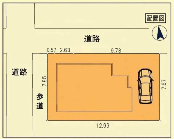 【横浜市旭区中沢2丁目9-15新築戸建て】★仲介手数料無料★の区画図|北西角地に位置し、2方向が道路に面した開放的な区画。カースペース1台分を確保し、採光や通風にも恵まれた、暮らしやすい敷地配置です。