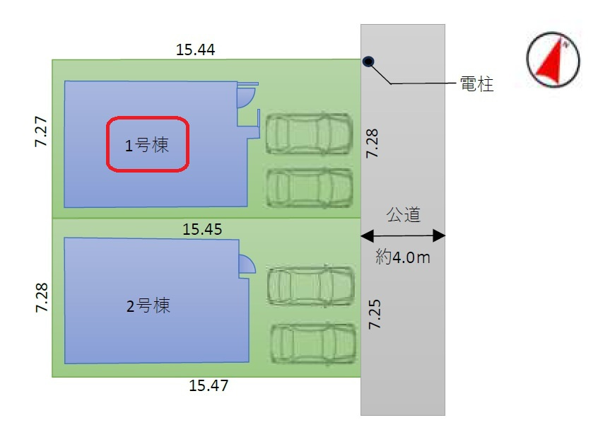 東村山市富士見町3丁目・全2棟　新築一戸建　1号棟の区画図|【全2棟・1号棟】カースペース並列2台。