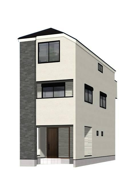 【横浜市旭区万騎が原108-5全3棟新築戸建て】★仲介手数料無料★（万騎が原小学校・万騎が原中学校）の外観パース|ホワイトを基調にグレーの縦ラインを効かせた、スタイリッシュな3階建て。シャープなフォルムと縦長の窓が、洗練された印象を演出します。