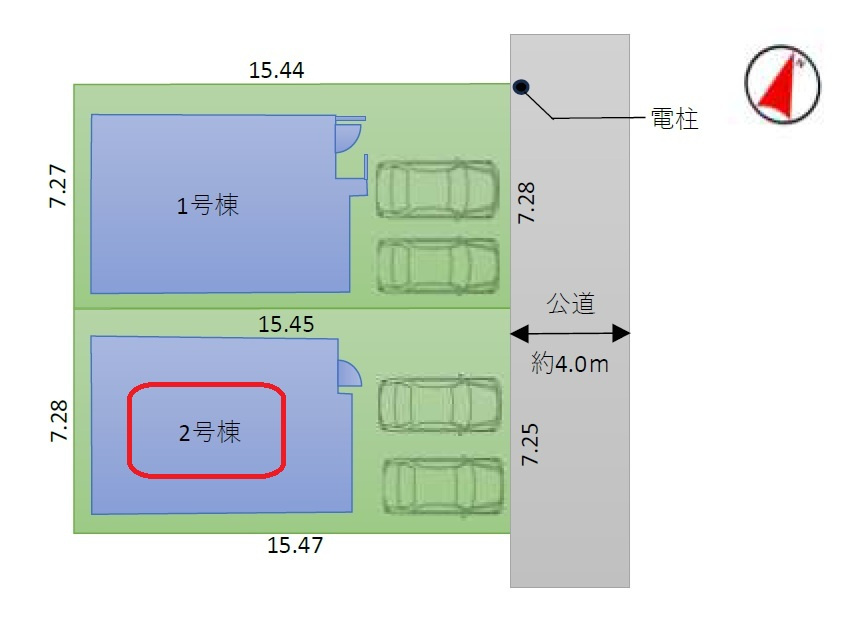 東村山市富士見町3丁目・全2棟　新築一戸建　2号棟の区画図|【全2棟・2号棟】カースペース並列2台。