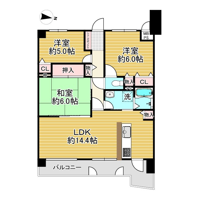 サンマンションアトレ東向日の間取り|部屋数充実の東向き3LDKです！
