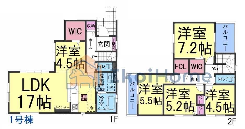 明石市大久保町松陰山手　全4棟1号棟　新築戸建の間取り|●年中無休：当日予約可●5LDK＋2WIC＋FCL！豊富な部屋数に収納スペースも豊富で便利です！
