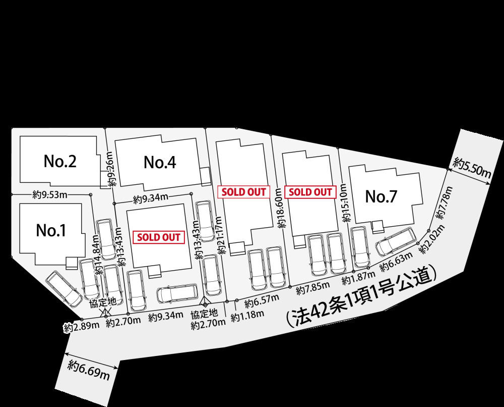 【横浜市保土ケ谷区仏向町1280-26全7棟新築戸建て】★仲介手数料無料★（仏向小学校・橘中学校）の区画図|幅員約5.5～6.7mの公道に面した全7棟の分譲地。各棟にカースペースを確保し、建物の配置や間隔にも配慮された、開放感のある街区です。