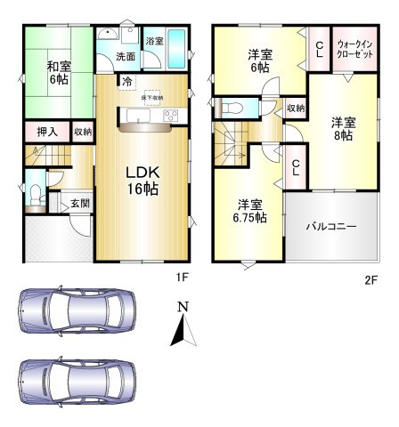 葛城市林堂　第2　全２棟 の間取り|4LDK　土地面積：200.06ｍ2　建物面積：108.54ｍ2　駐車２台可