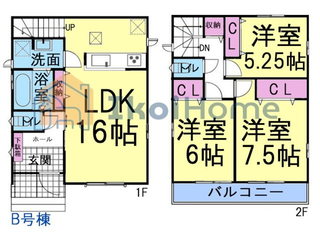 明石市東朝霧丘　B号棟　新築戸建の間取り|●年中無休：当日予約可●南西向きLDK16帖ございます！2階洋室3部屋・全室収納付で便利！