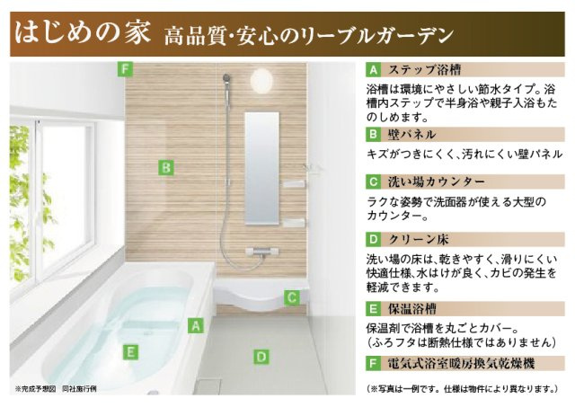 リーブルガーデン　一宮市萩原町西御堂　全3区画分譲の浴室|明るく清潔感がある浴室。浴槽は環境にやさしい節水タイプ。浴槽内ステップで半身浴、親子入浴も安心です。
洗い場の床は乾きやすく滑りにくい快適仕様、水はけが良くカビの発生を軽減できます。

