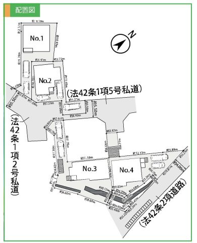 【横浜市旭区市沢町1083-1全4棟新築戸建て】★仲介手数料無料★（市沢小学校・西谷中学校）の区画図|高台に広がる全4棟の分譲地。各棟にカースペースを確保し、道路から距離を取った配置によって、開放感と落ち着きのある住環境を実現しています。