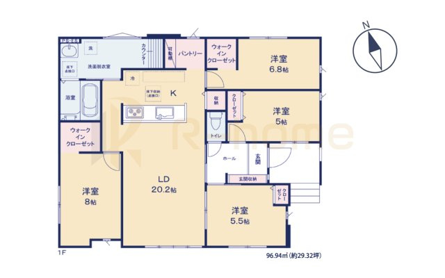 つくば市上横場3期　新築戸建て　2号棟の間取り|4LDK＋WIC＋パントリー、土地面積301.91m2、建物面積96.94m2