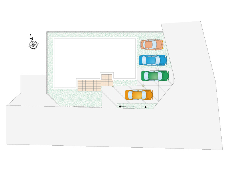 【5号棟:区画図】駐車4台可能。ゆとりがあり来客時にも便利。前面道路も広く、車の出し入れもスムーズです。
