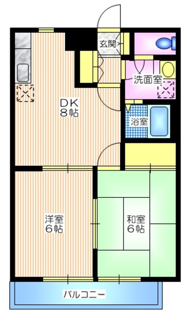 ドミールＢの間取り|ゆとりある４６．１９平米の２ＤＫ
