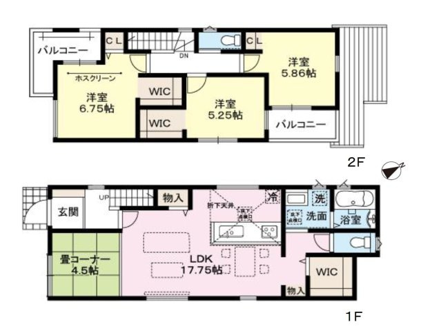 福岡市南区皿山3丁目第3-4棟（4号棟）の間取り|全居室収納付きで便利です。