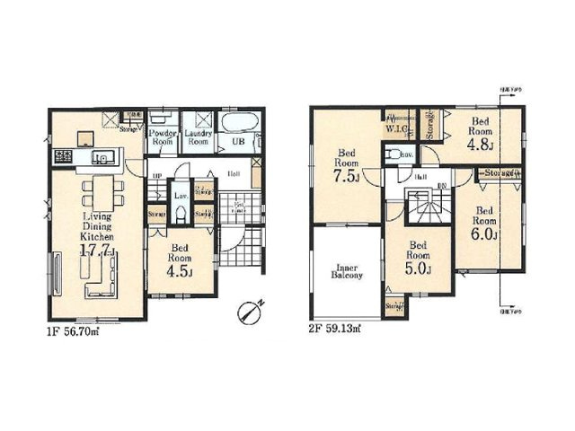 【間取り】 | ふじみ野市元福岡1丁目　新築一戸建住宅　全2棟　（ふじみ野店） | 大容量WICや効率的な水まわり動線など、暮らしやすさに配慮した間取り。対面キッチンで家族との会話を楽しめ、リビング隣接の洋室は客間やキッズスペースにも活用できます。
