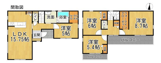 リーブルガーデン知多市日長台第2の間取り|○●間取り図●○
全部屋2面採光、収納のある４LDK！1階2階の洋室にウォークインクローゼットがあるのがうれしい♪階段上がってすぐ廊下から出られるワイドバルコニーも便利です。