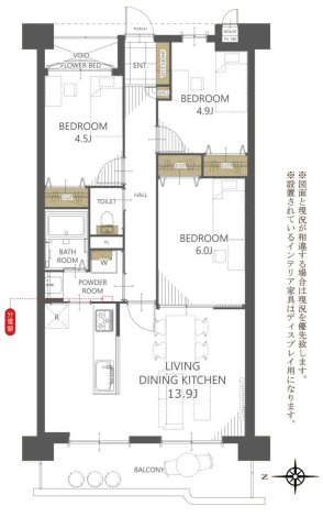 シャトー・サンパークスクエアの間取り|中古マンション　3LDK　専有面積：66.10平米　バルコニー面積：10.13平米　西向き